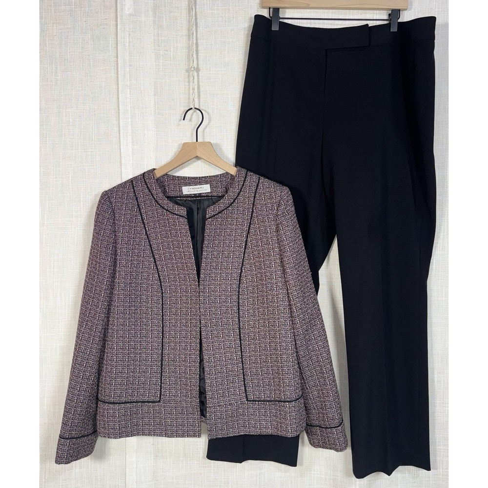 Tahari Arthur Levine 2 Piece Tweed Blazer Black Pants Suit Set Women's Sz 16